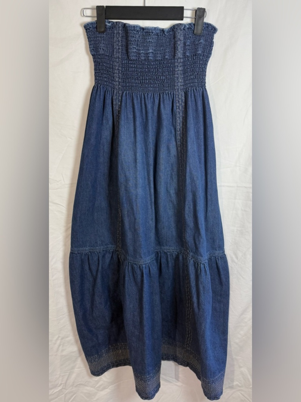 Current/Elliott Strapless Smocked Chambray Denim‎ Midi Dress Size 1